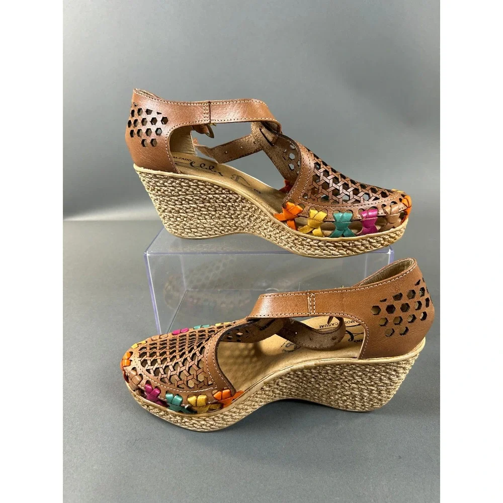 Elly Moda Casual Mexican Huarache Wedge Sandals Multi-Color Leather Womens Sz 3